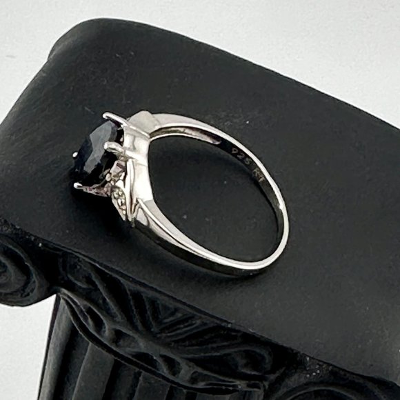 Black Sapphire and Diamond Accent Oval Ring - Sterling Silver - Size 7 - Simple - Picture 9 of 12